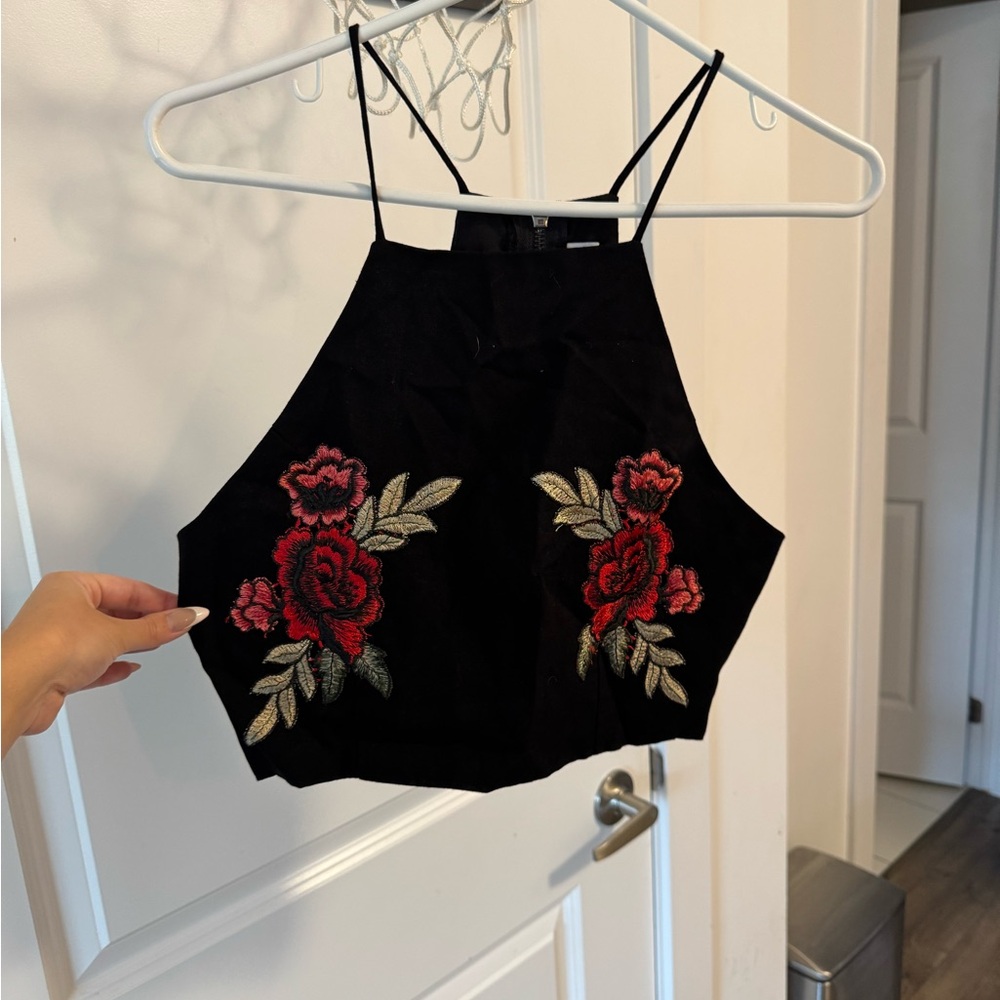 Floral Embroidered Black Halter Top